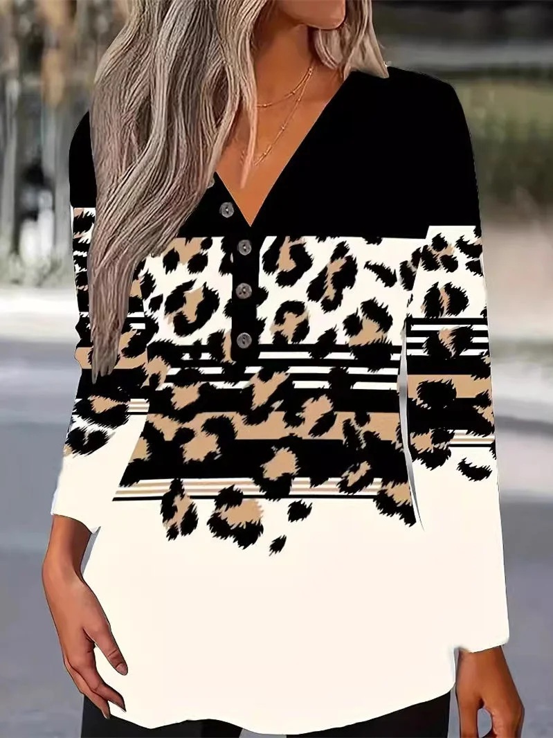 Women's Long Sleeve V-neck Graphic Printed Tops