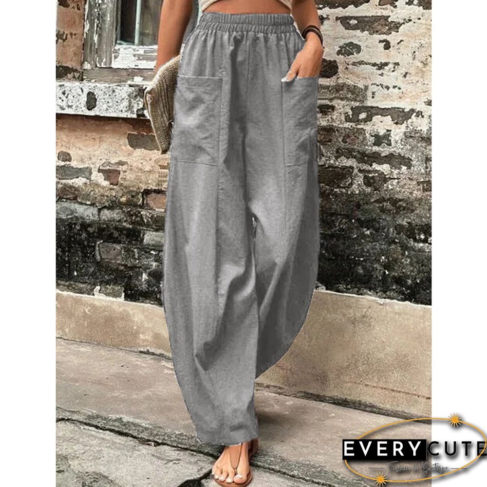 Gray Solid Elastic Waist Pocket Casual Pants
