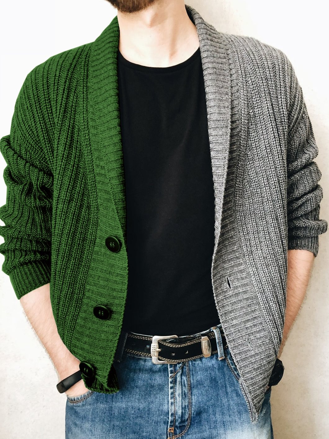 Knitted Cardigan Single-breasted Men's Sweater Two-color Stitching