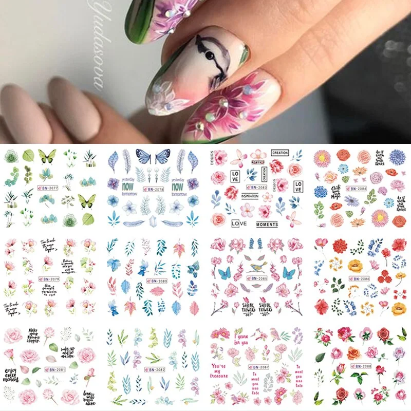 12 Designs Nail Stickers Set Mixed Floral Geometric Nail Art Water Transfer Decals Sliders Flower Leaves Manicures Decoration-Nail Inspo