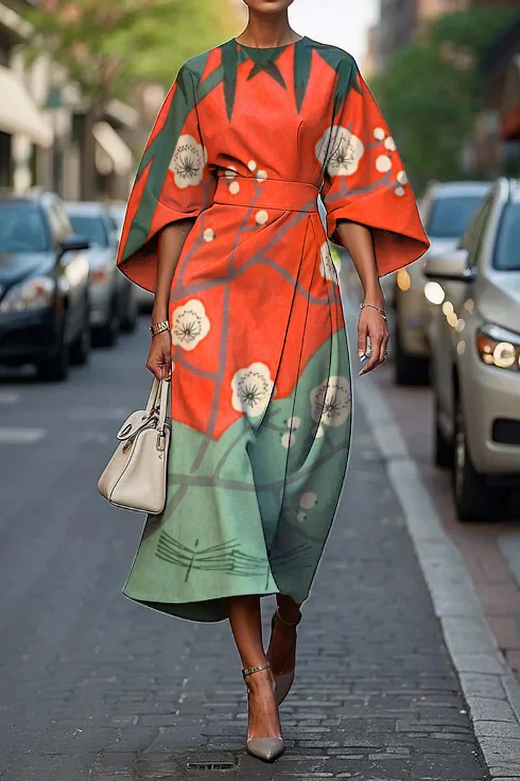 Women's Elegant Japanese Art Print Midi Dress