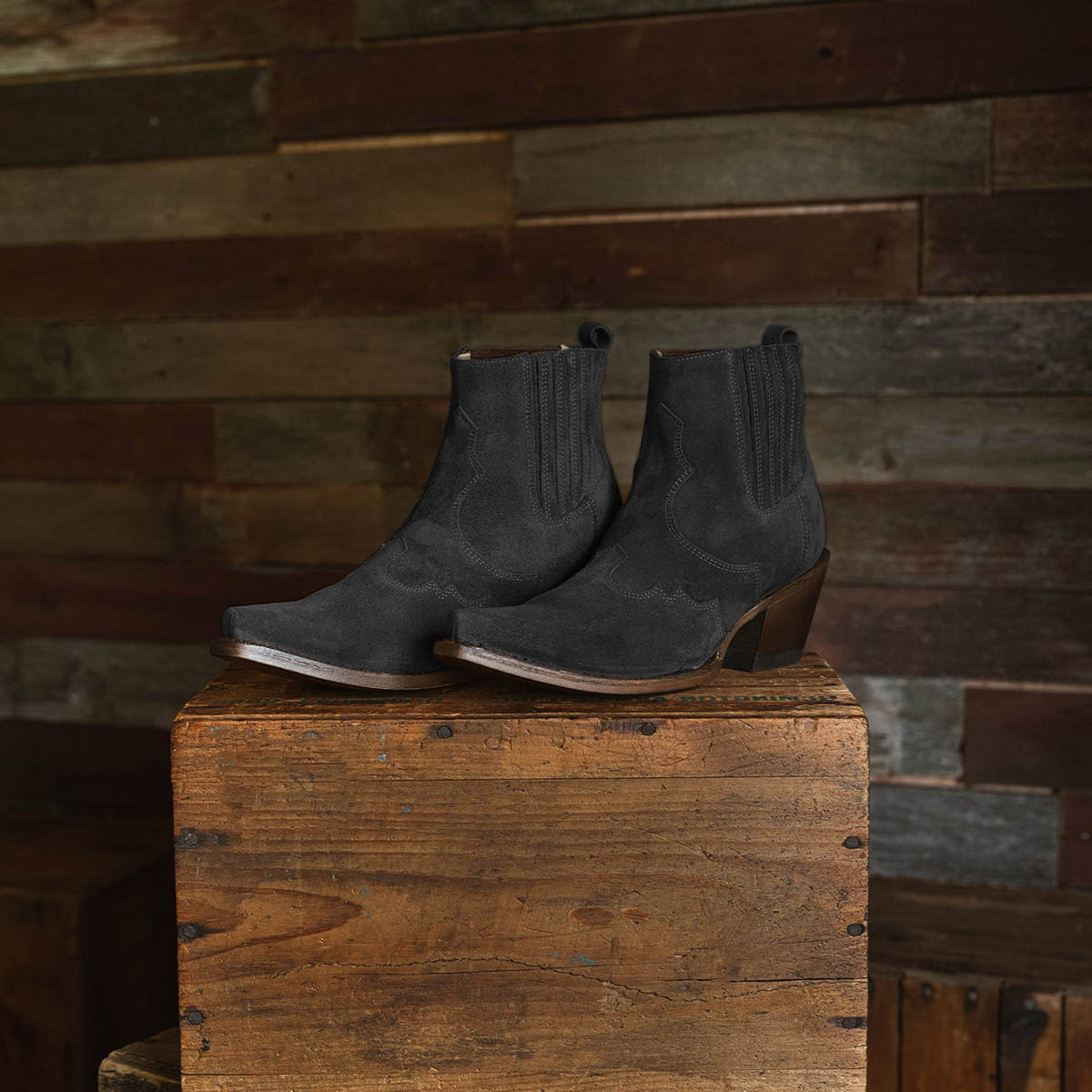 Black Vegan Suede Pull-On Snip Toe Chunky Heeled Ankle Boots Nicepairs