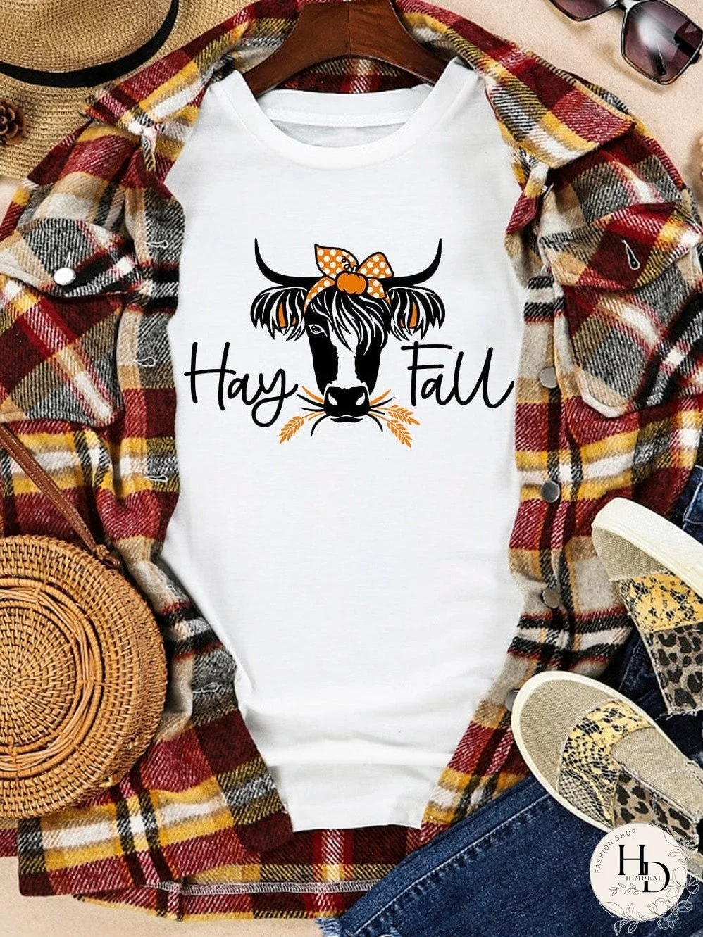Heifer Print White Graphic Tee with "Hay Fall" Design