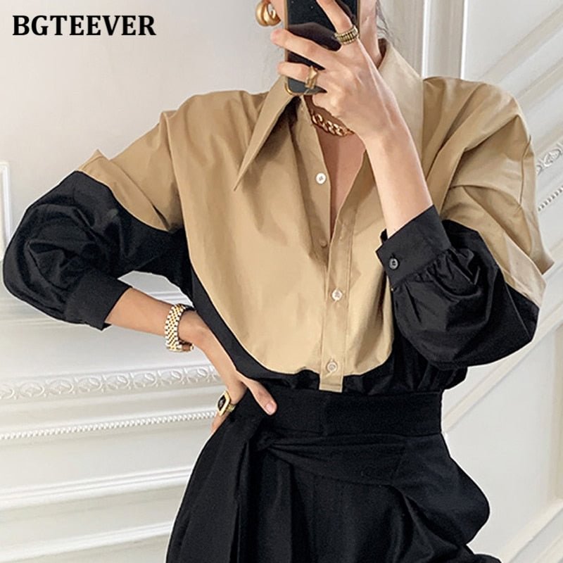BGTEEVER Chic Turn-down Collar Women Patchwork Shirts Blouse Stylish Single-breasted Loose Female Shirts 2021 Spring Blusas