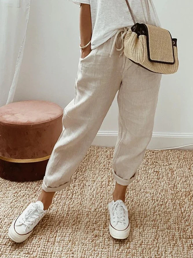 VChics Solid Color Insert Pocket Drawstring Casual Pants