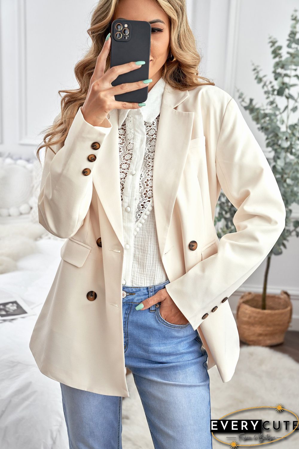 Apricot Turn-Down Collar Buttons Blazer with Pockets