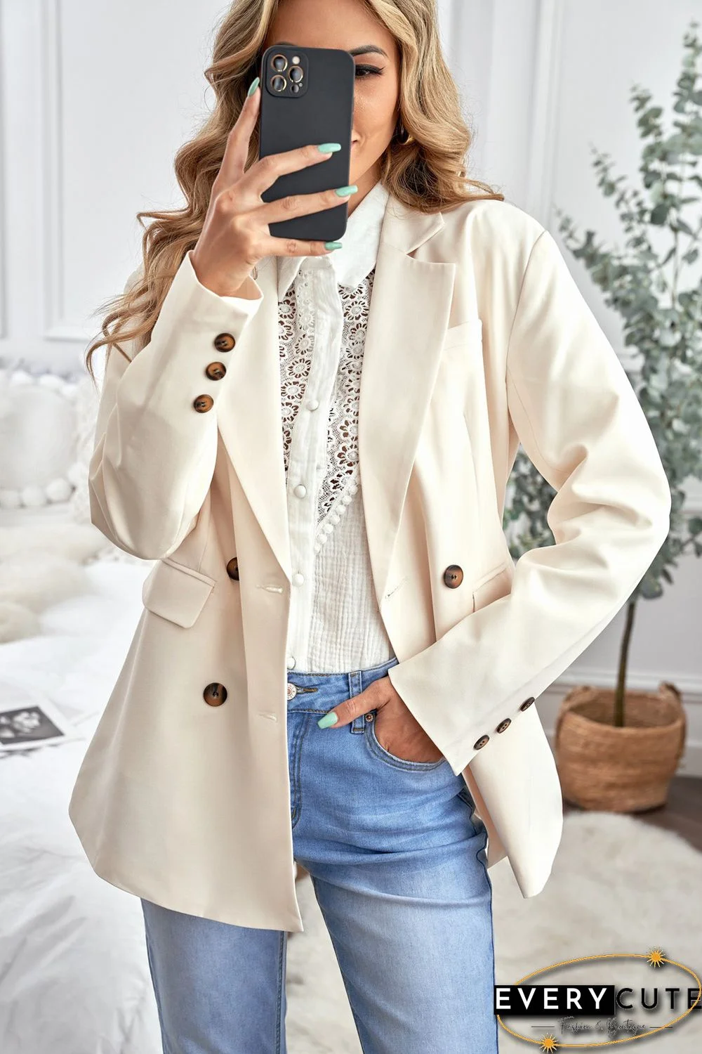 Apricot Turn-Down Collar Buttons Blazer with Pockets