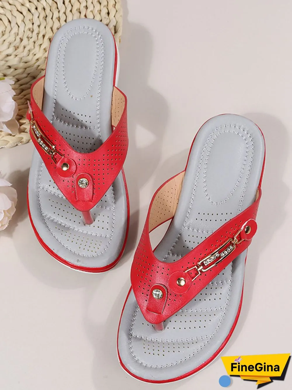 Metal Rhinestone Slope Heel Flip-Flops