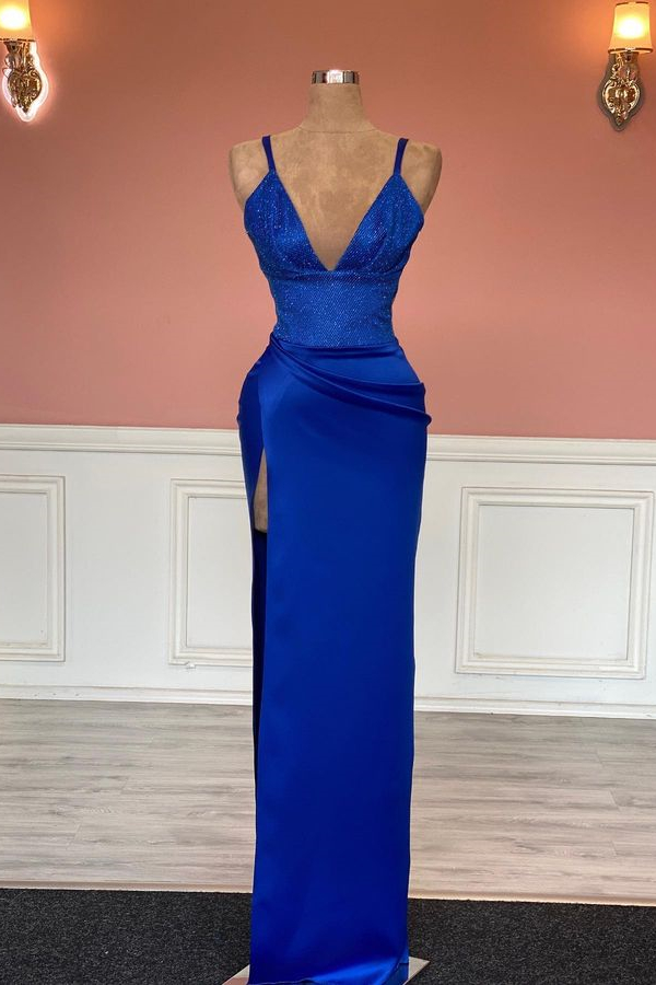 Dresseswow Royal Blue V-Neck Mermaid Prom Dress With Split