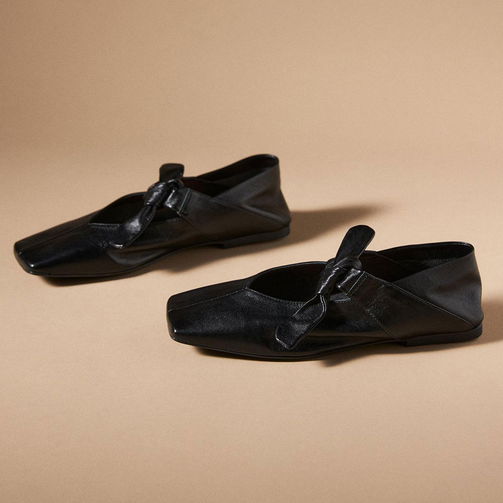 Black Slip-On Bow Flat Women's Mary Jane Shoes with Square Toe Nicepairs