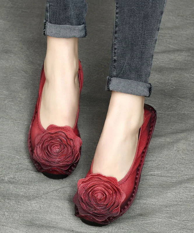 Handmade Floral Splicing Flats Red Cowhide Leather Penny Loafers