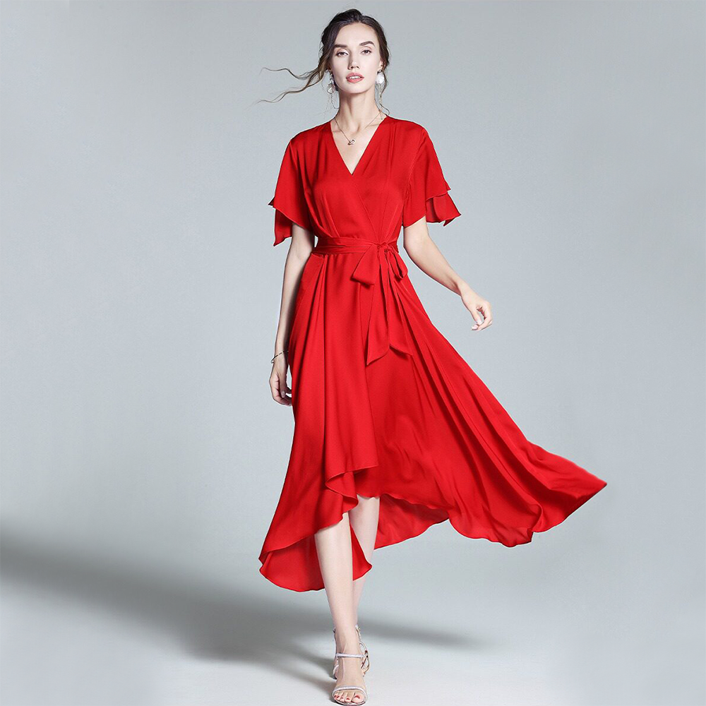 Silk Dress Ruffle Sleeve Wedding Evenning Style REAL SILK LIFE