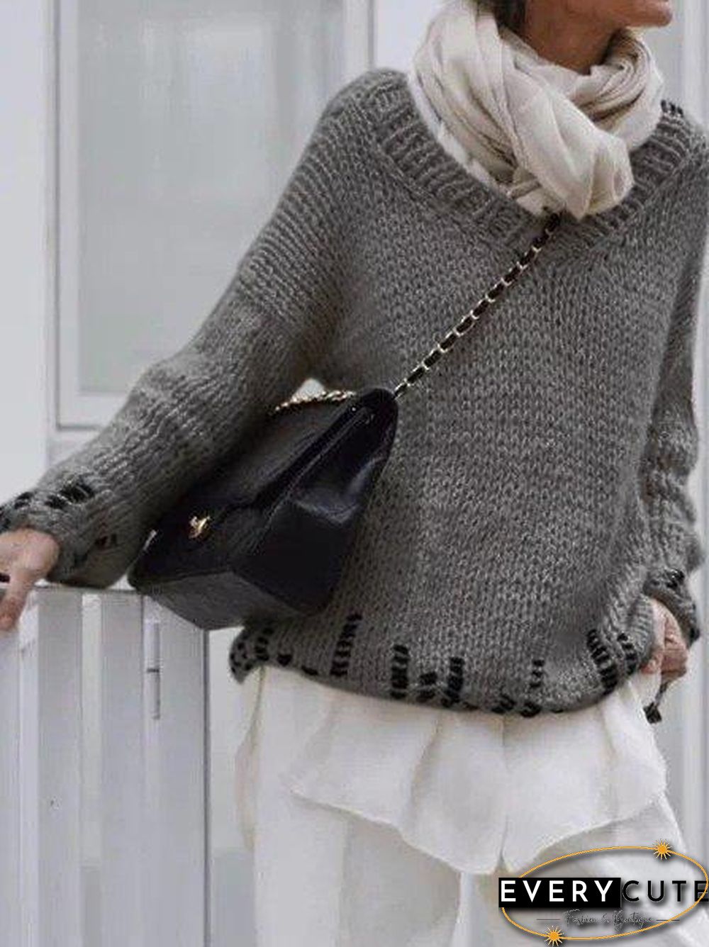 Casual V Neck Long Sleeve Sweater