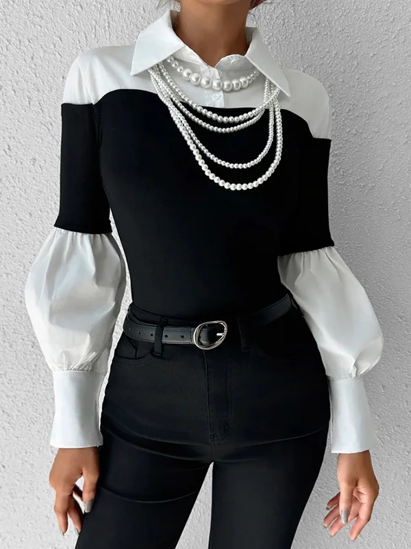 Buttoned Contrast Color Pleated Split-Joint Long Sleeves Loose Lapel Blouses&Shirts Tops