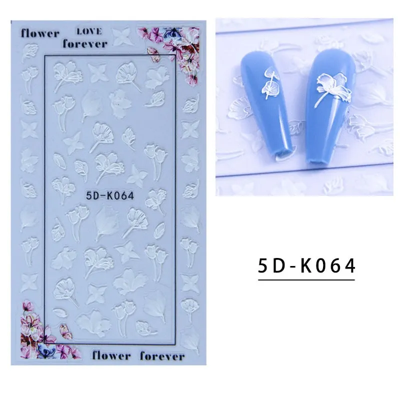 5D Butterfly Nail Sticker Engraved White Flower Sliders Embossed Lace Wedding Nail Art Design Monogram Decals Manicure Tools-Nail Inspo