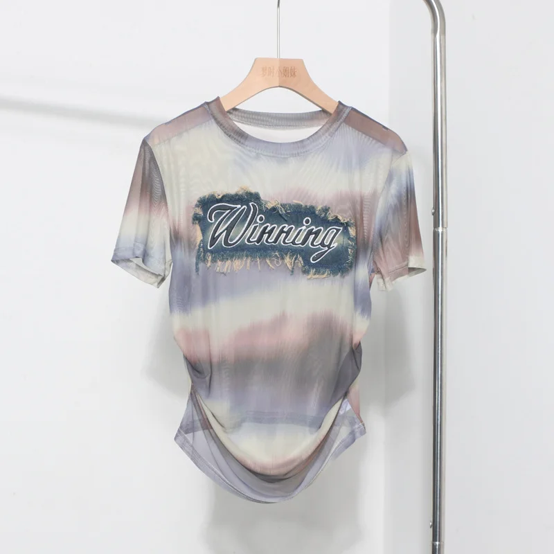 Churchf Real Shooting Embroidery With Straight Shoulder Short-Sleeved Mesh T-Shirt Fold Irregular Perspective Hood Top 25821