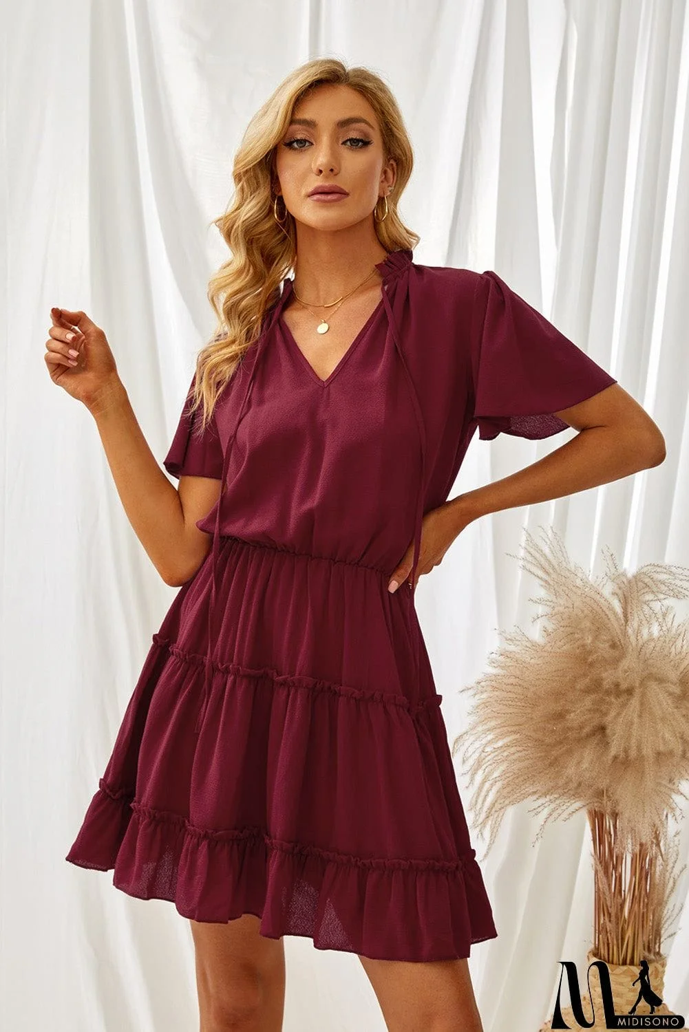 MidiSono - V Neck Ruffled Swing Mini Dress