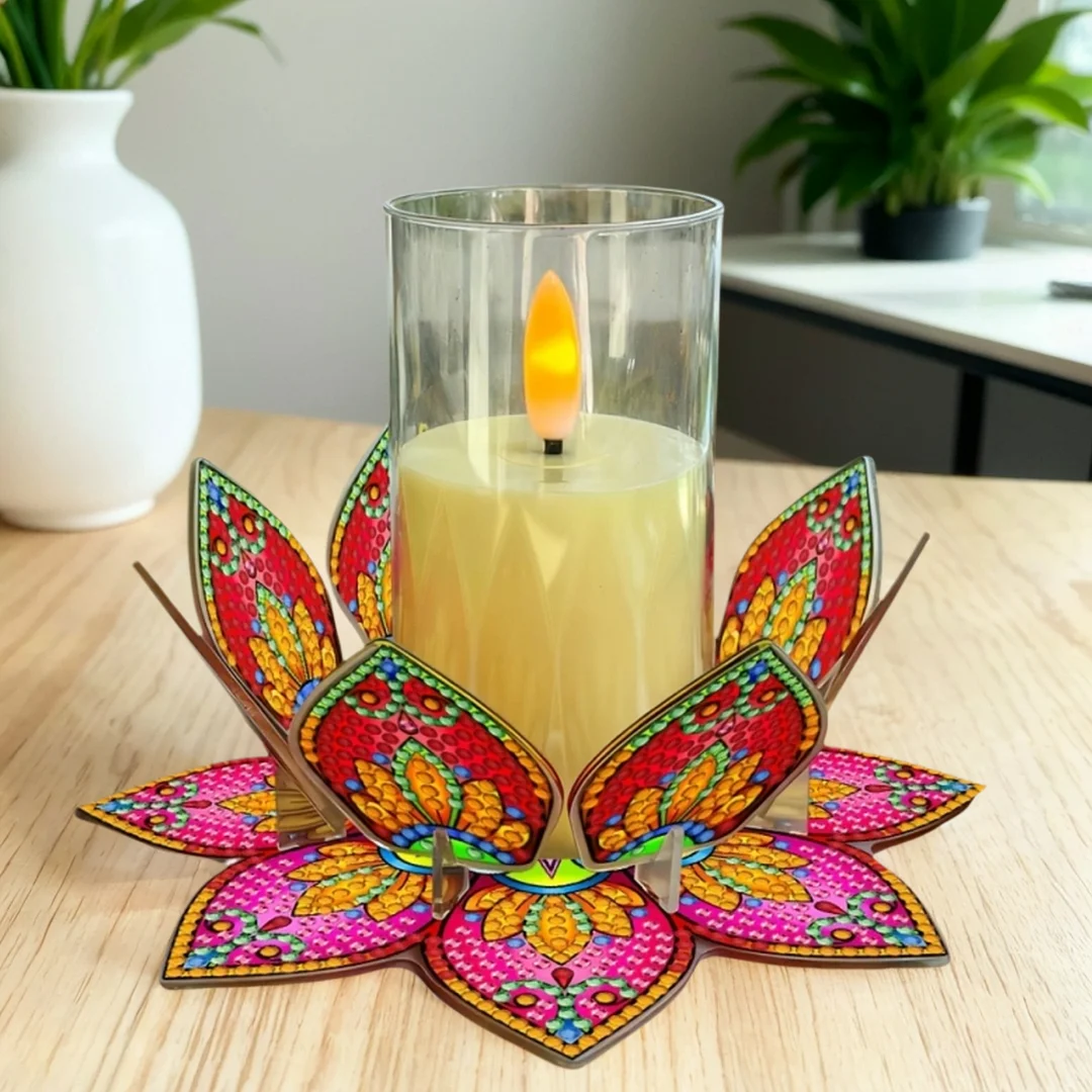 Mandala Lotus-F Acrylic DIY Diamond Painting Candle Holders Without Candles Crystal Painting Tealight Candle Stand Table Centerpiece for Adults Beginners Home Party Decor