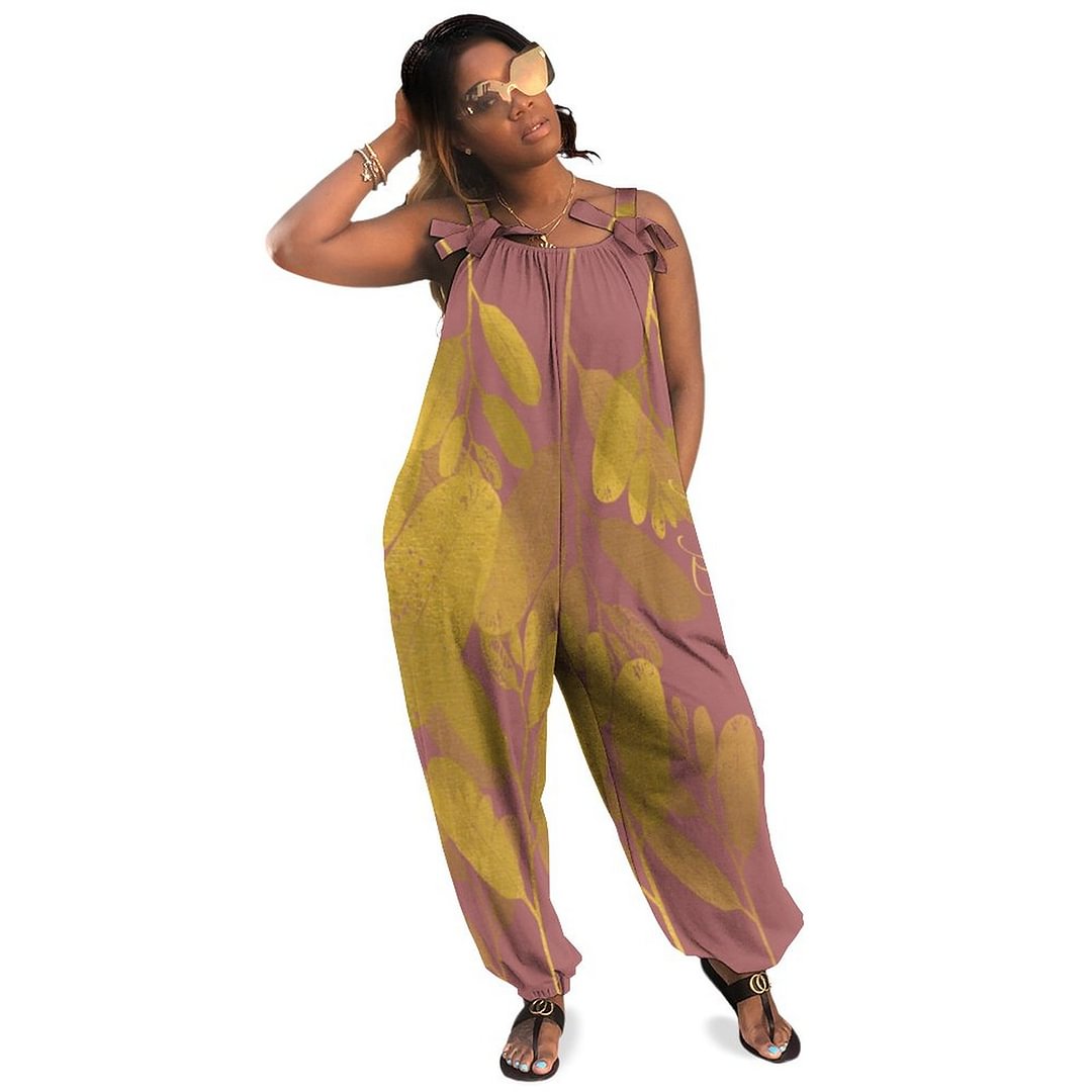Chic Gold Leaf Purple Classic Background Boho Vintage Loose Overall Corset Jumpsuit Without Top