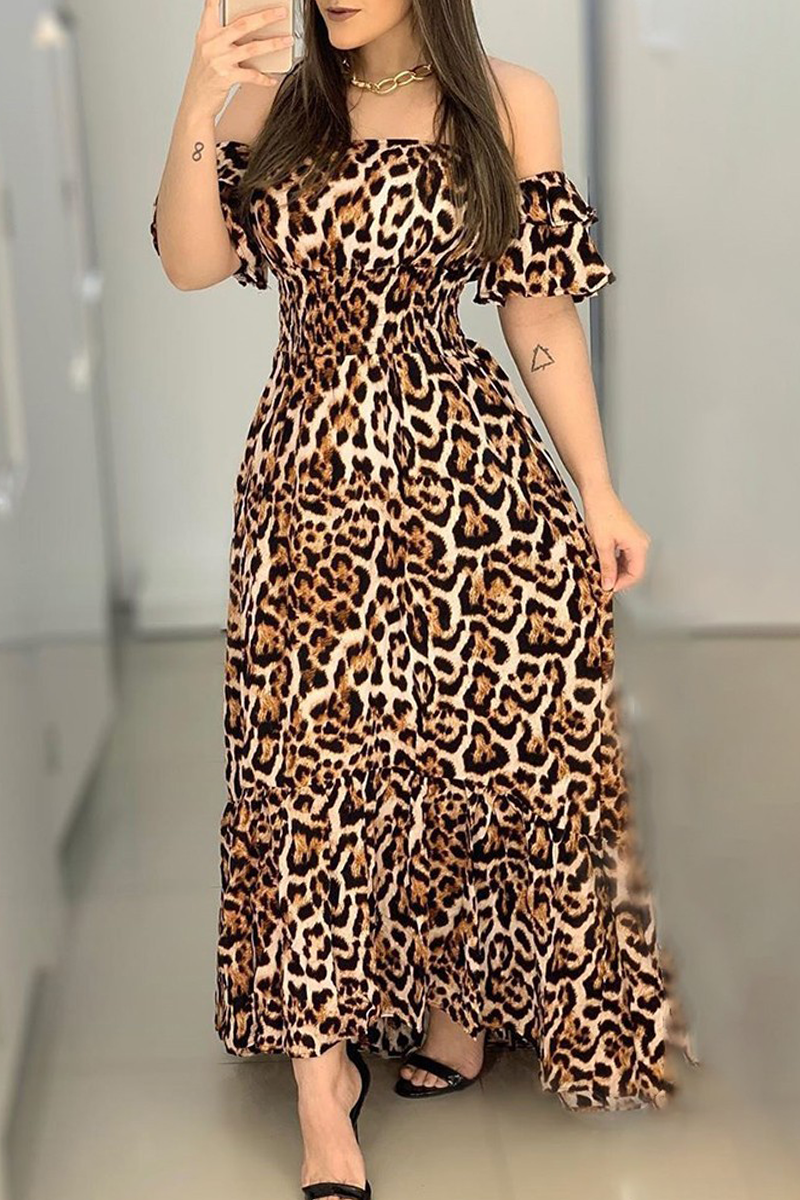 Sexy Print Split Joint Off the Shoulder Waist Skirt Dresses