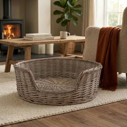 Grey Wicker Dog Basket
