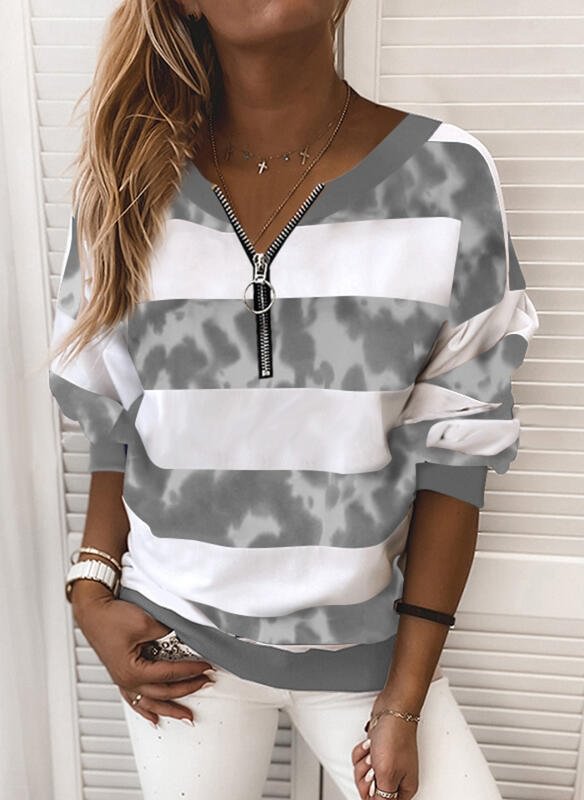 Large size loose women's blouse summer ladies shirts tops fashion casual V-neck zipper long-sleeved women's striped shirts - BlackFridayBuys