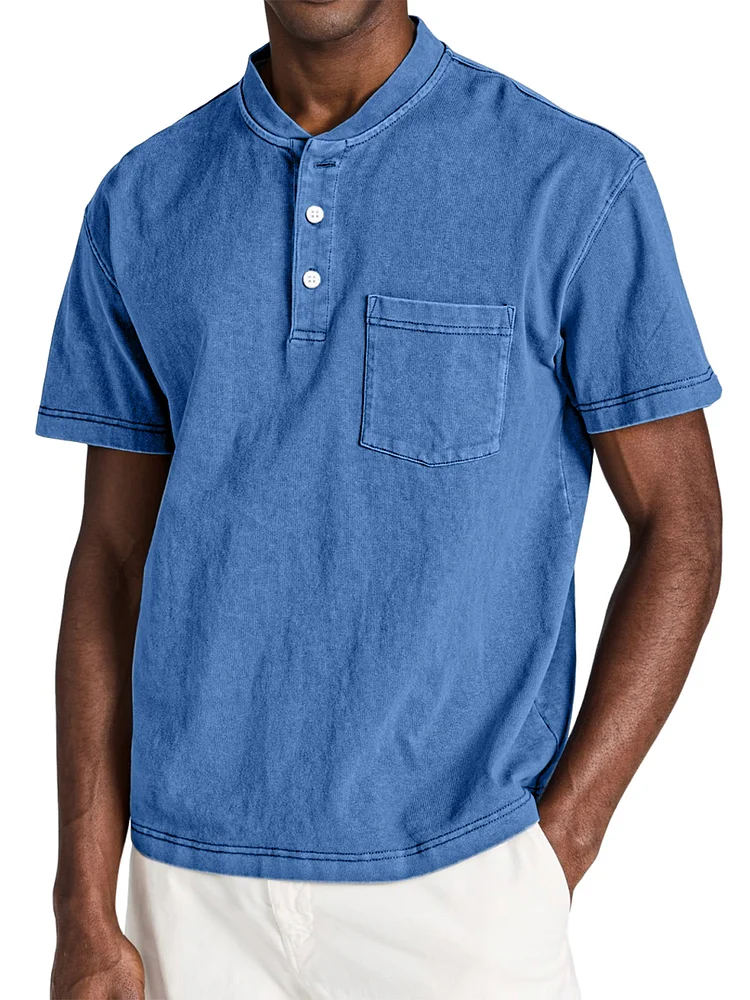 Men's Casual Retro Solid Color Comfortable Short Sleeve Henley Shirt