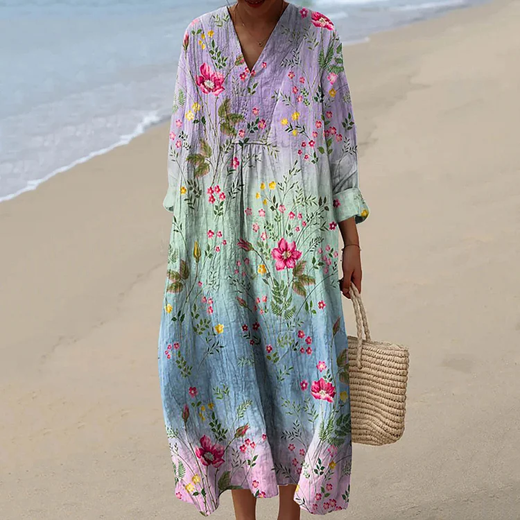 Vintage Gradient Floral Art Pattern Casual Maxi Dress