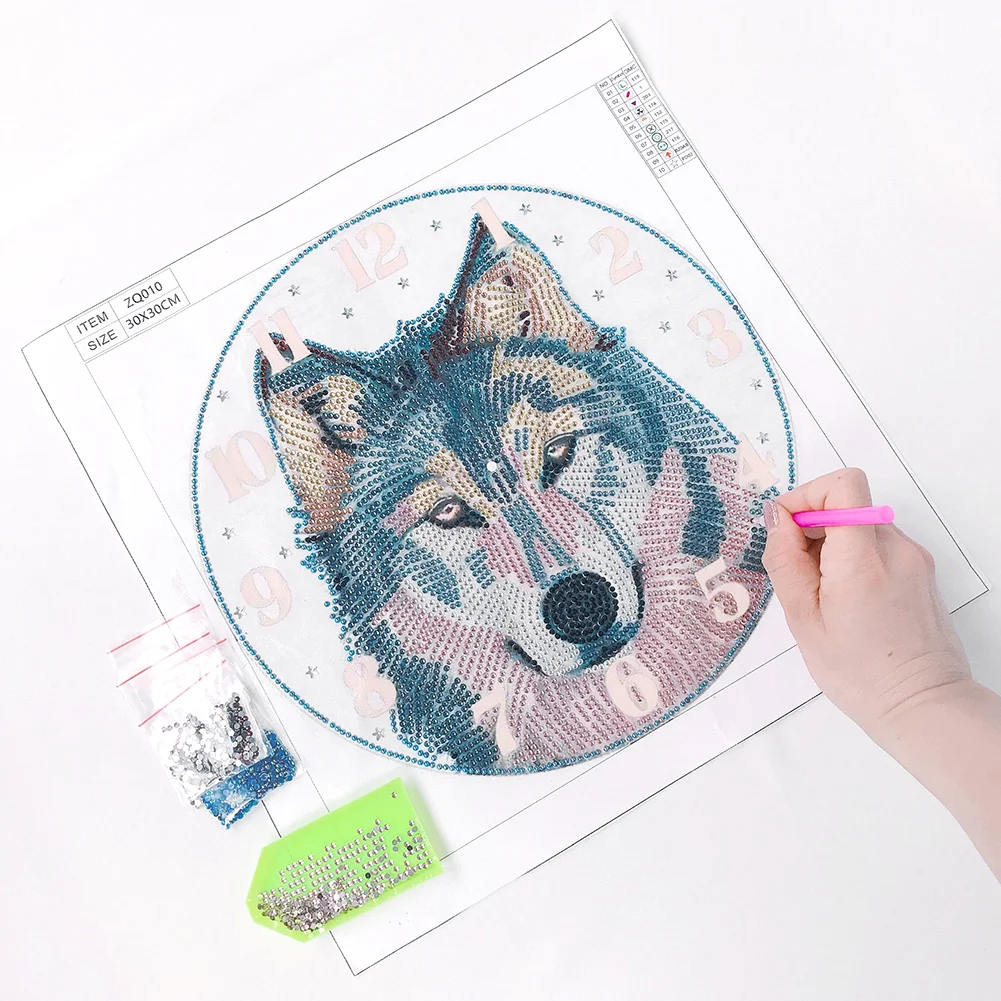 DIY Crystal Rhinestone Diamond Painting Wolf Clock(35*35cm)