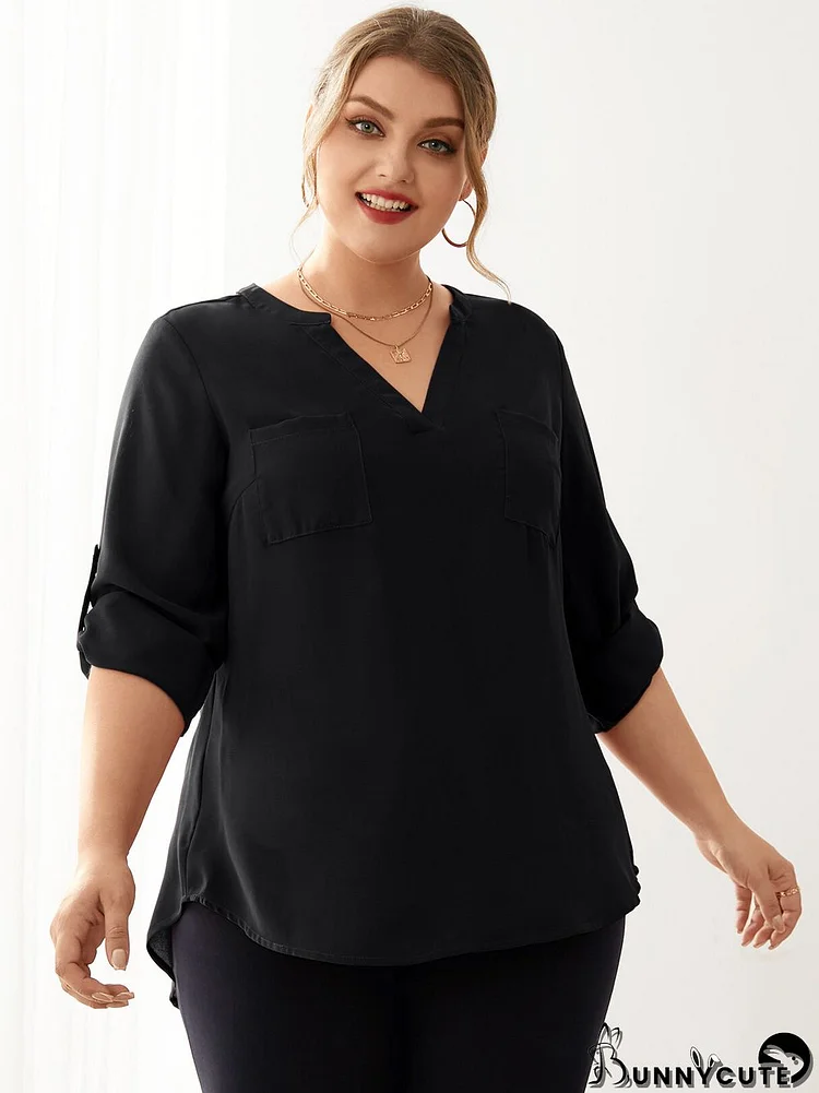 Plus Size V-Neck Pocket Design Roll Up Sleeve Blouse