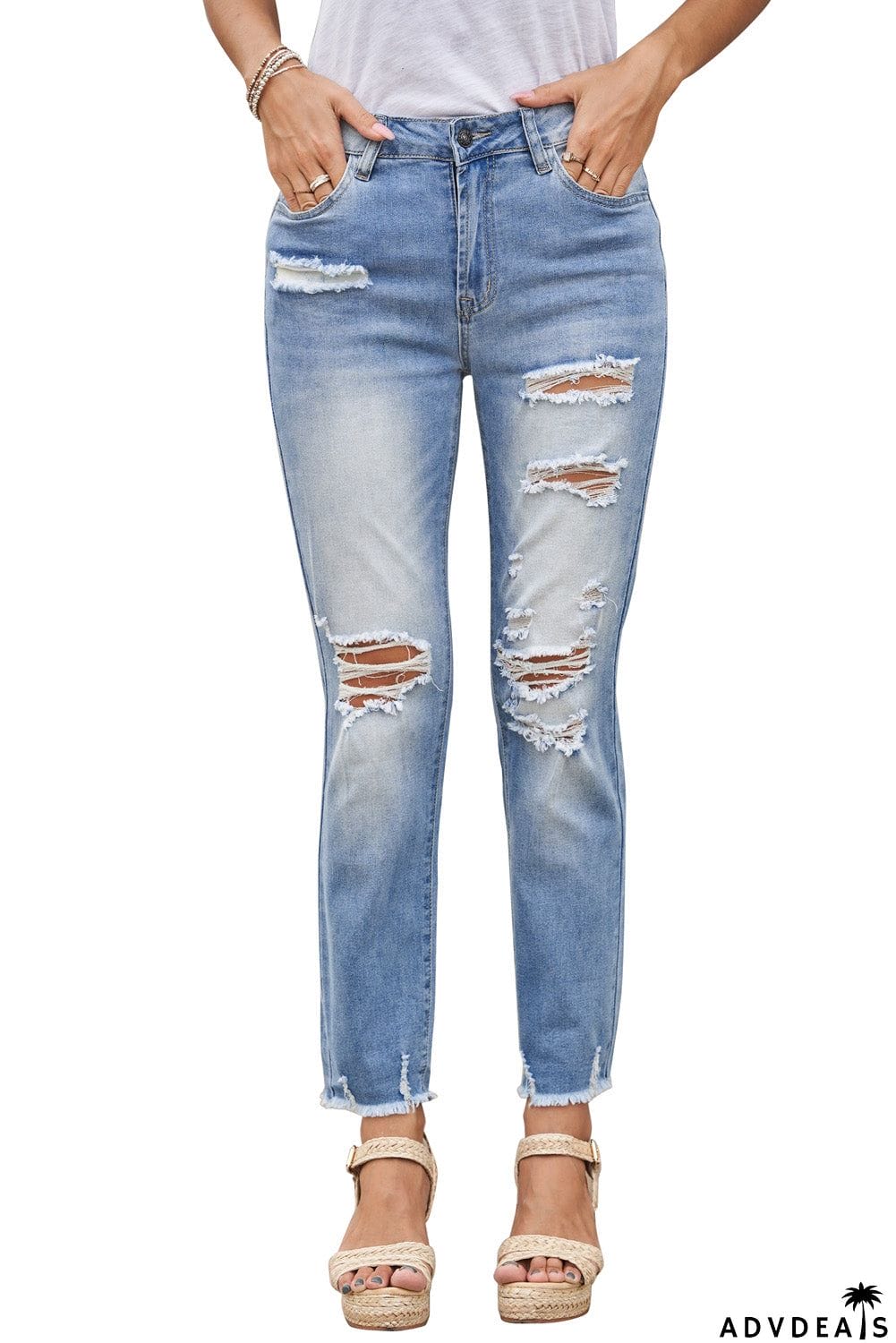 Fashion Light Blue Distressed Boyfriend Denim Pants