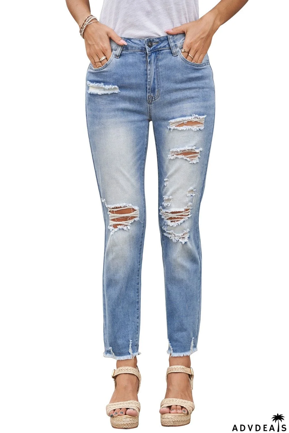 Fashion Light Blue Distressed Boyfriend Denim Pants