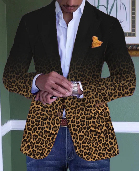 Fashion Gradient Leopard Print Lapel Collar Blazer 