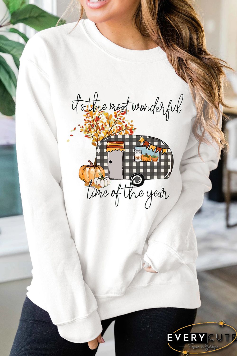 White Wonderful Fall Vibe Graphic Pullover Sweatshirt