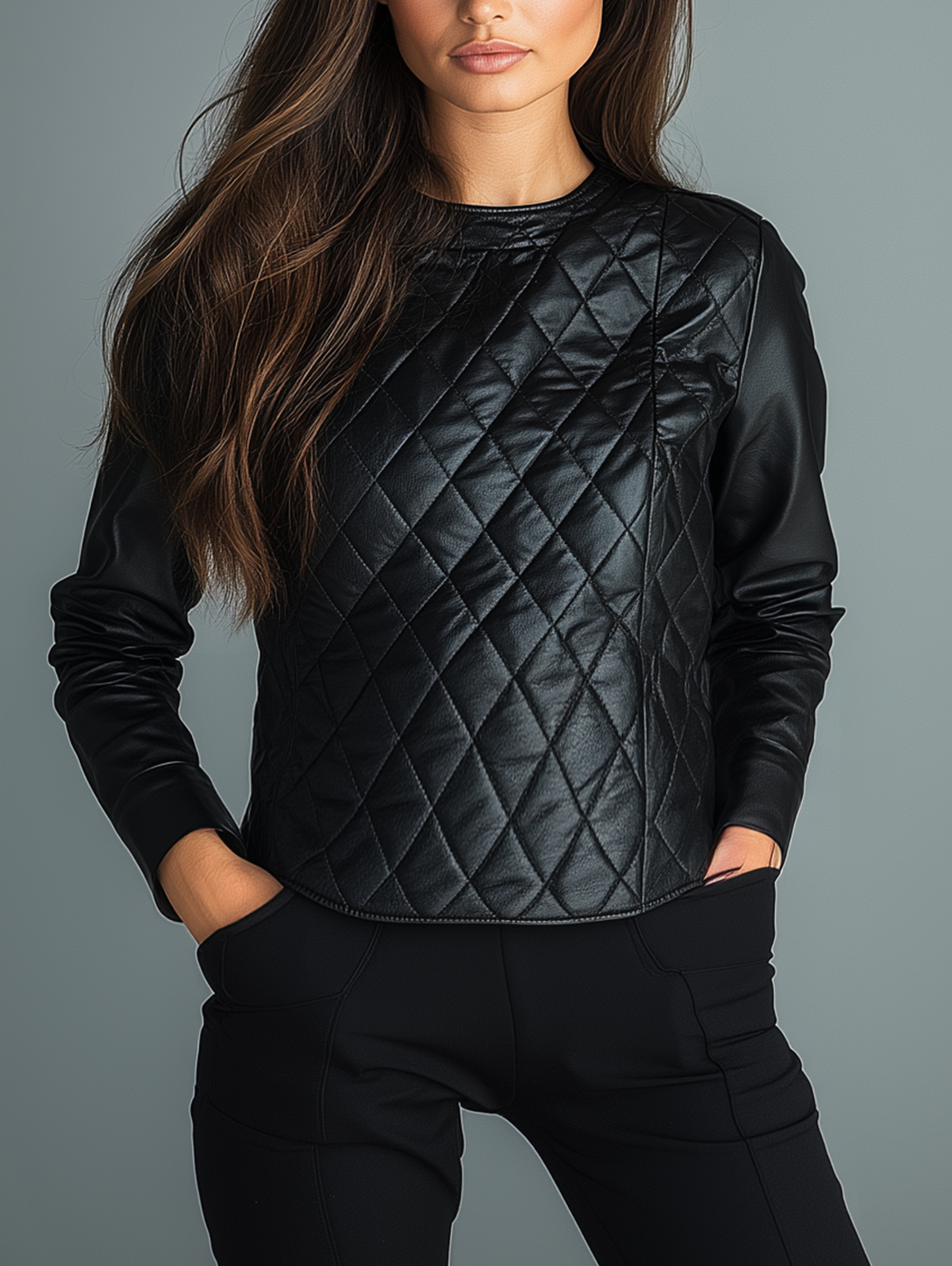 Ursime Long Sleeve PU Leather Quilted Blouse