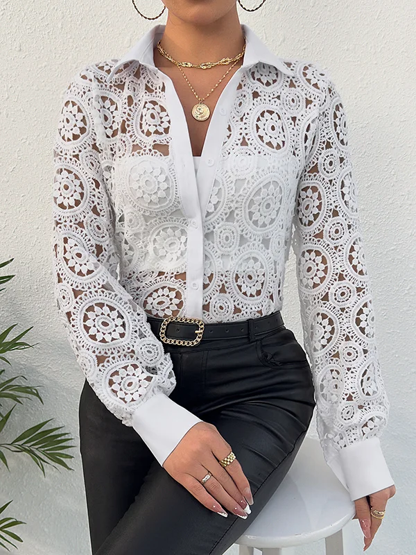 Buttoned Hollow Solid Color Long Sleeves Loose Lapel Blouses&Shirts Tops