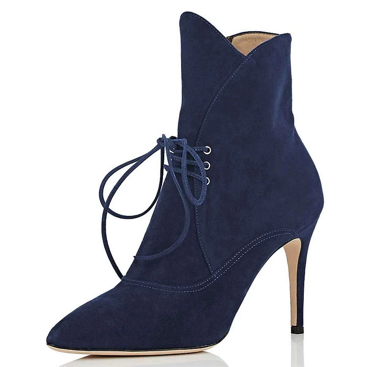 Navy Lace Up Boots Pointy Toe Stiletto Heel Ankle Boots |FSJ Shoes