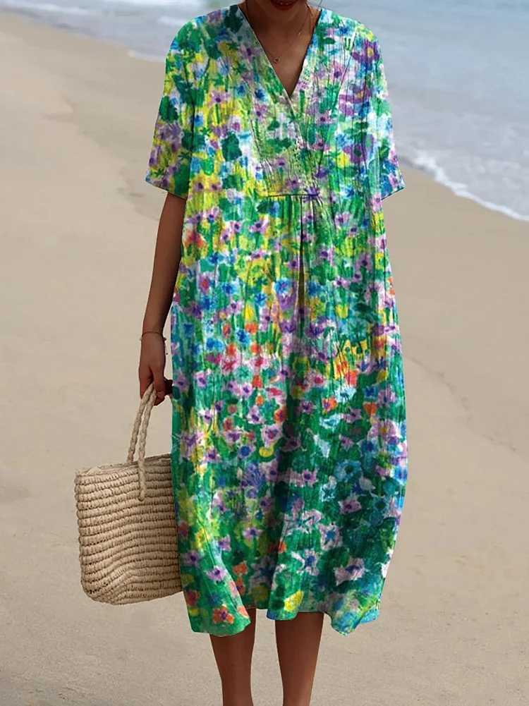 Oil Painting Summer Field Printed Women's Flowy Dress