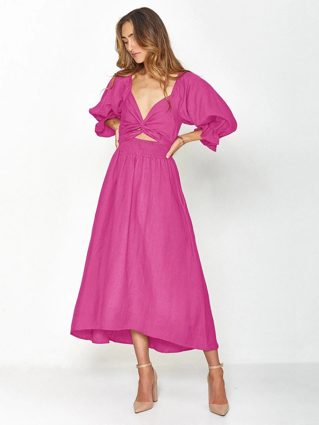Spring Summer Women Casual Dress Elegant Solid Cut Out Long Lantern Sleeve High Waist Square Collar Streetwear Midi Dress 2023