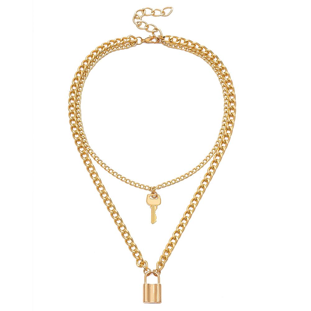 

Fashion Key Padlock Pendant Necklace Hip Hop Two Layer Women Choker Gift, Gold, 501 Original