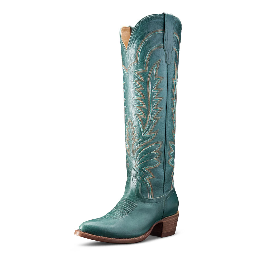 Teal Vegan Leather Mid Heel Pointed Toe Cowgirl Boots for Women Nicepairs