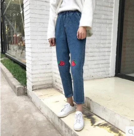 Jeans Women Cat Printed Kawaii Simple Korean Style Zipper Fly Breathable Soft Trendy Leisure Pockets Jean Womens Lovely Chic