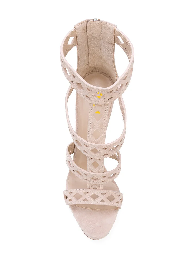 Beige Hollow Out Stiletto Heel T-Strap Sandals with Open Toe Vdcoo