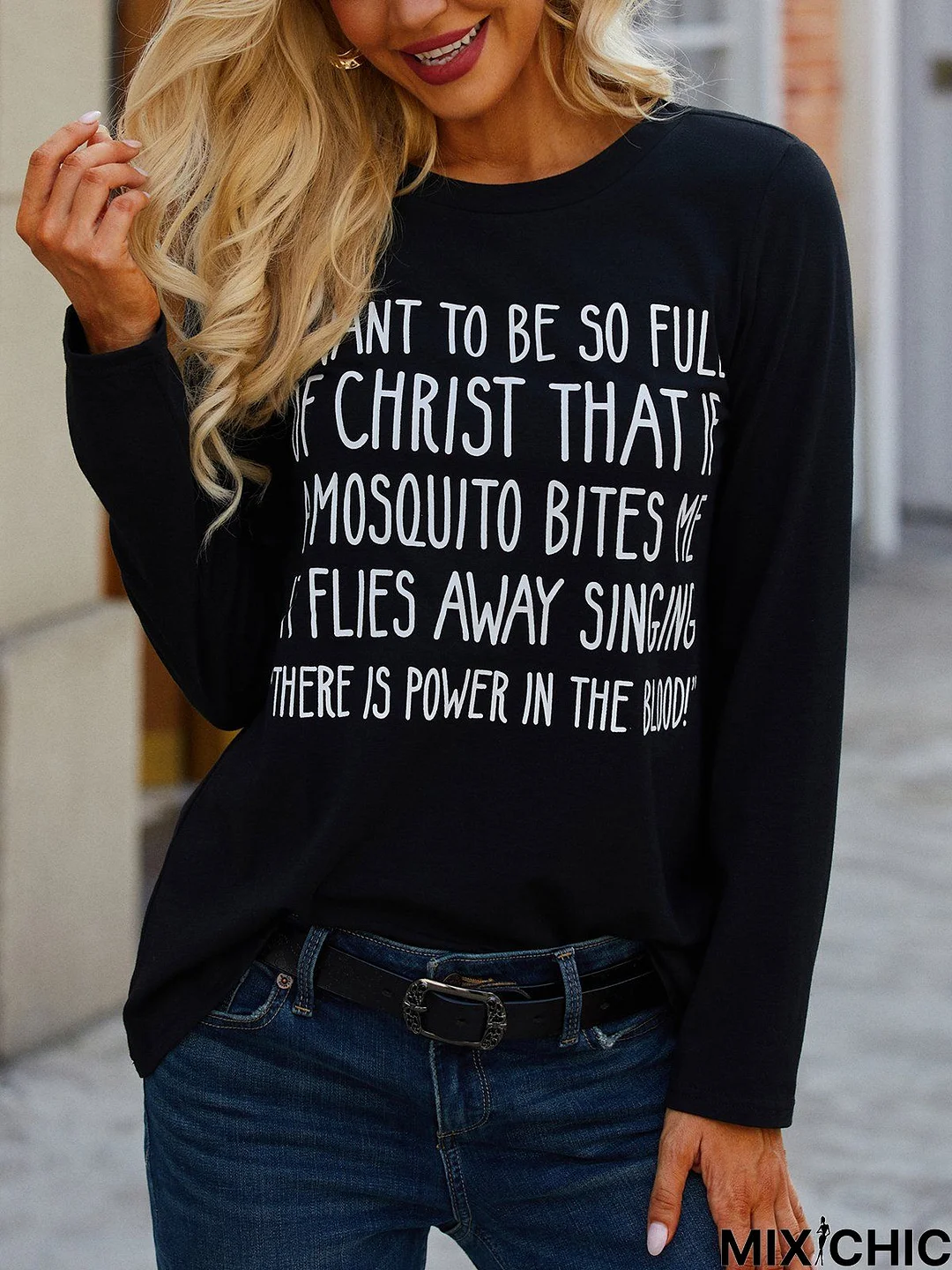 Casual Long Sleeve Round Neck Letter T-shirt