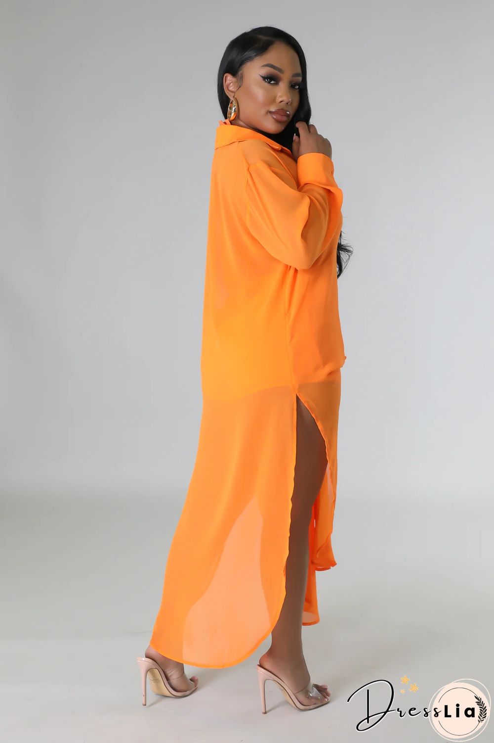 Long Sleeve Chiffon Shirt Dresses+Shorts Two Piece Set