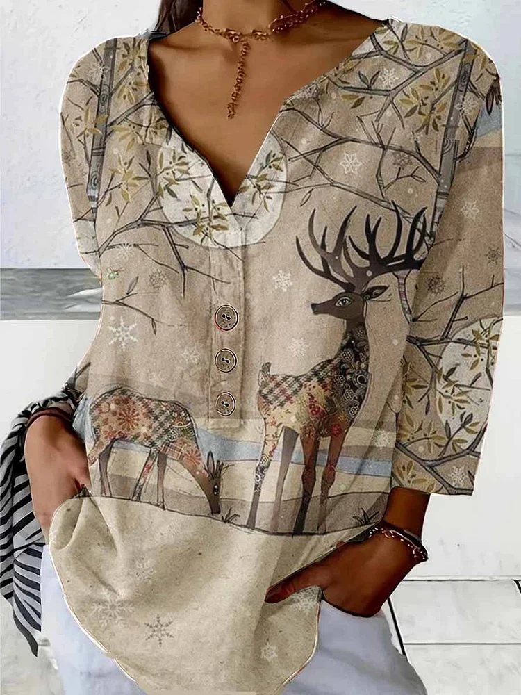 Womens Elk Art Pattern Cotton And Linen Shirt