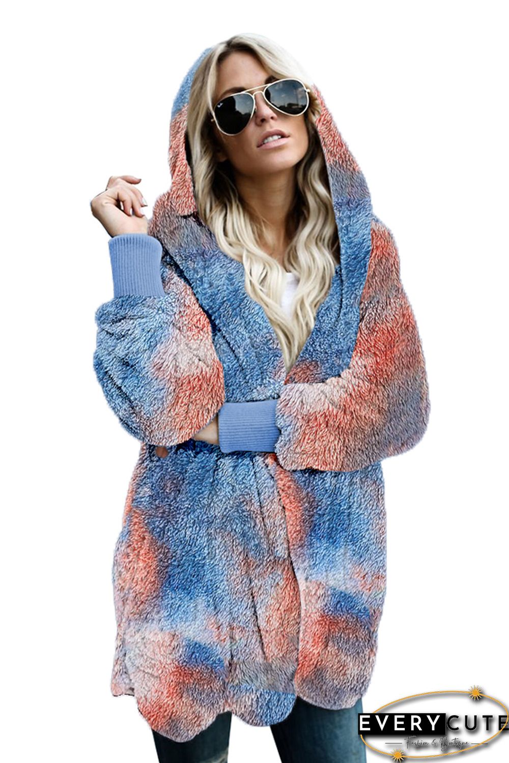 Tie Dye Soft Fleece Hooded Open Front Coat