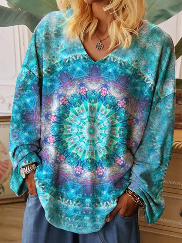 Tie Dye Mandala Printed Caual Large Sized Women V-neck Blouse