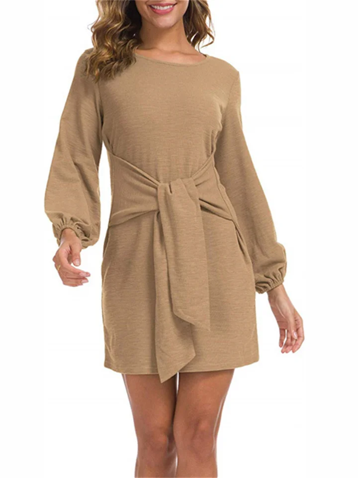 New Women's Waist Long Sleeve Strap Solid Color Dress