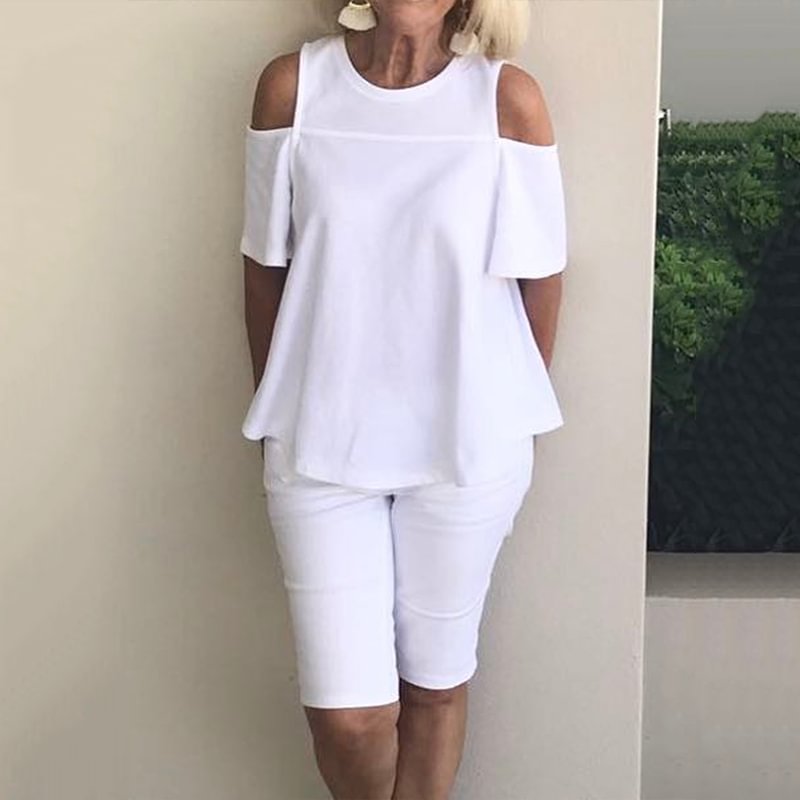 Two-piece casual off-shoulder short-sleeved shorts set
